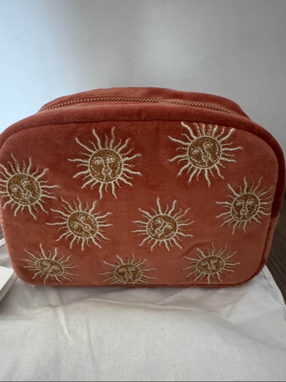 Elizabeth Scarlett Sun Goddess Embroidered Rust Velvet Makeup Bag - Picture 2 of 6